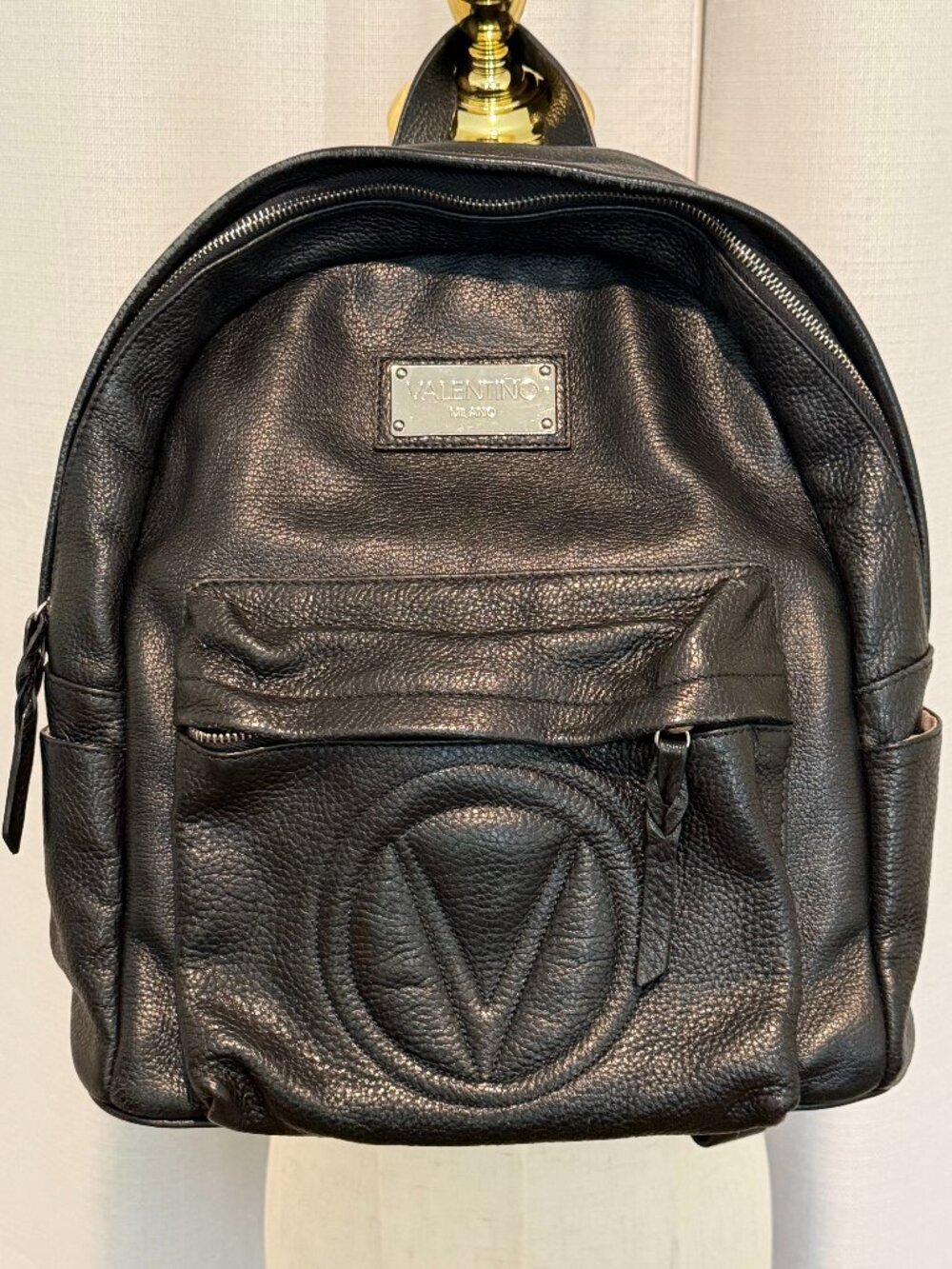 Valentino by Mario Valentino Black Pebbled Leather Backpack - Picture 1 of 12